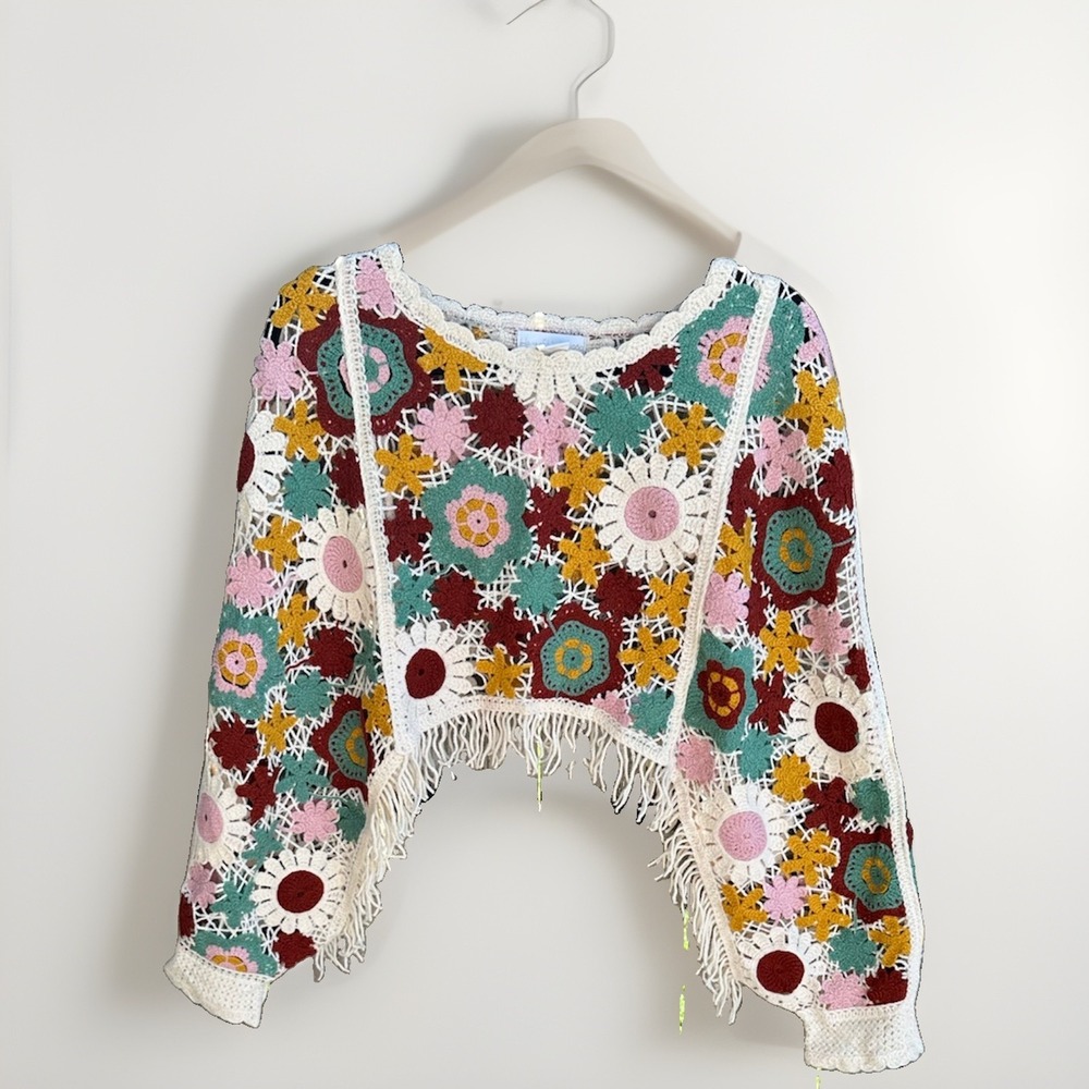 House of Harlow 1960 Floral Crochet Fringe Crop Top Multi Color One Size Boho